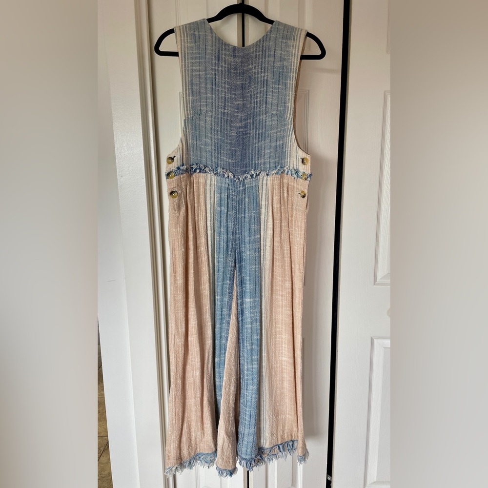 Free People Blue and Beige Patchwork Jumpsuit